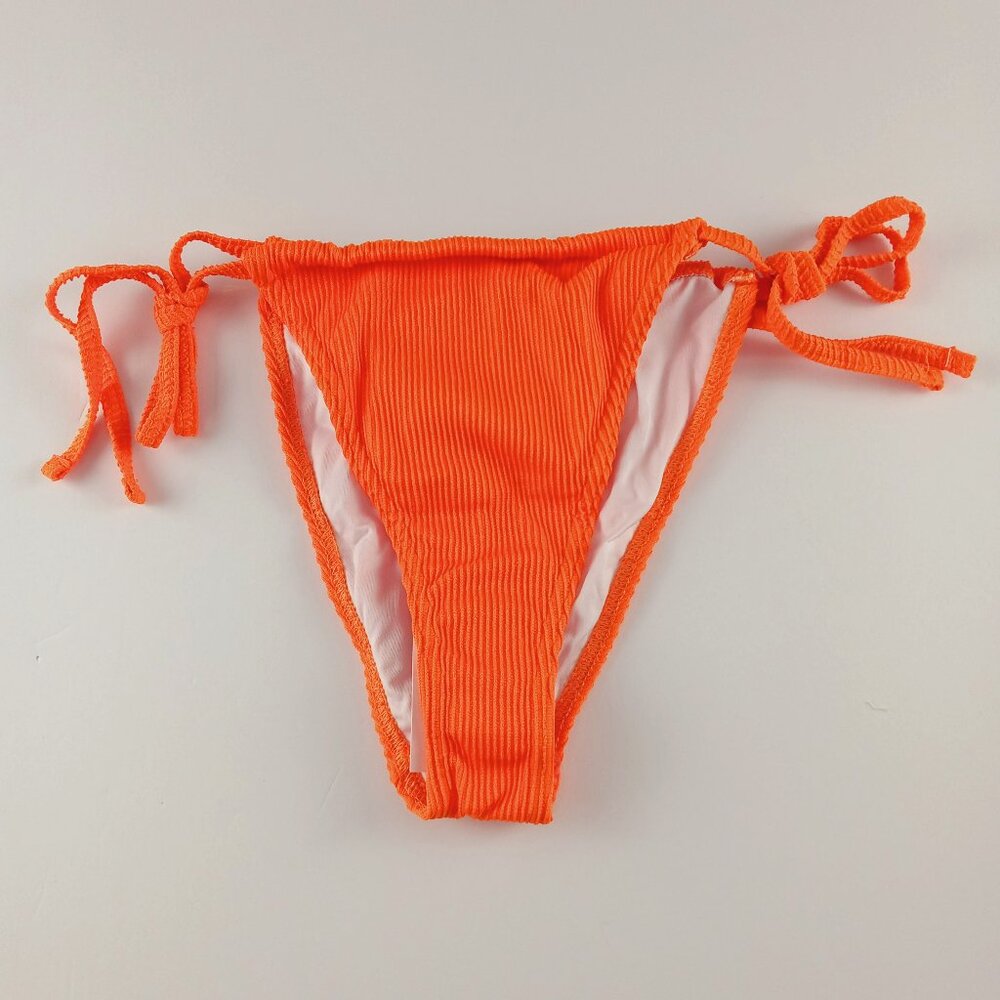 Missguided Women's Ribbed Minimal Bikini Bottom Size 8 Orange Side Ties Swim